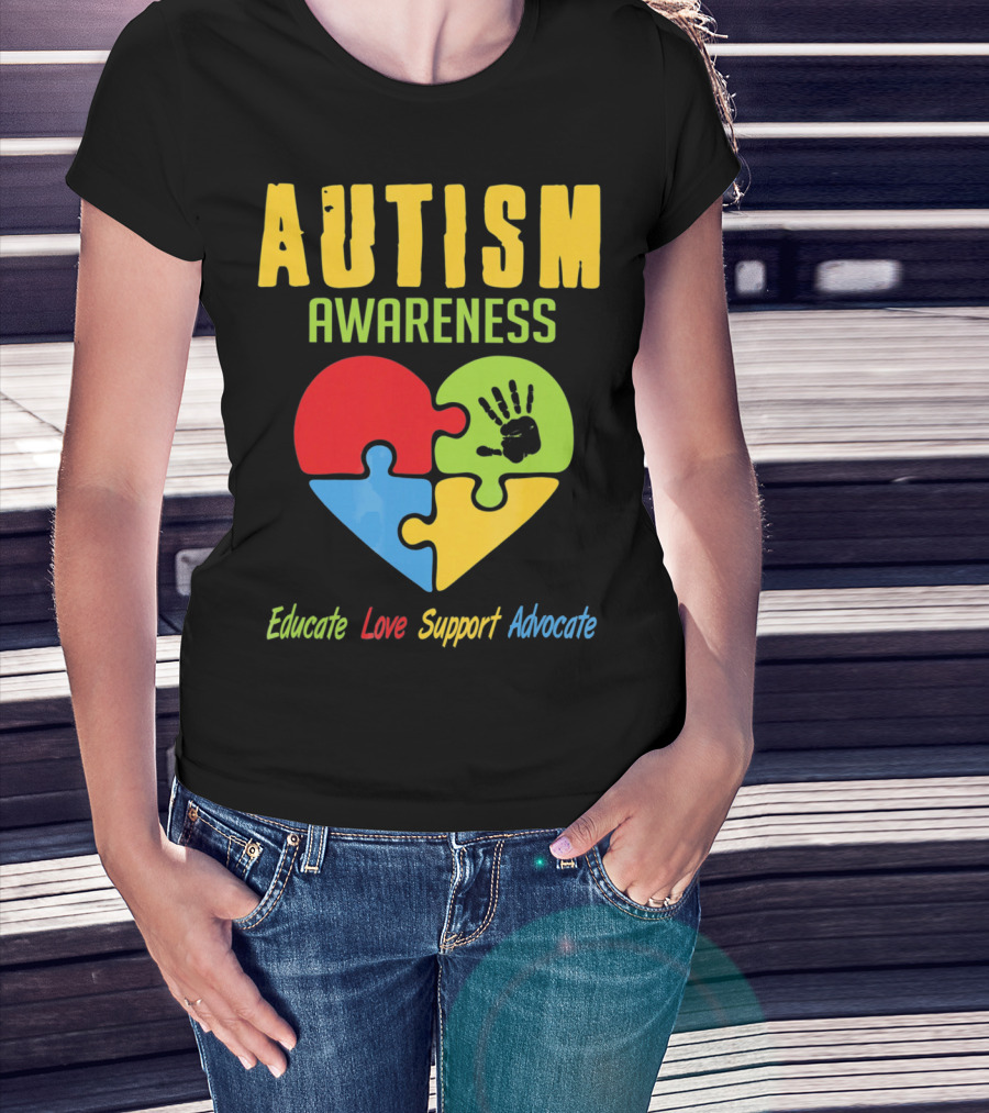 Autism Awareness Advocate Educate Love Support Puzzle Heart Handprint T-Shirt