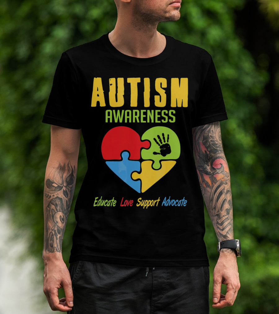 Autism Awareness Advocate Educate Love Support Puzzle Heart Handprint T-Shirt