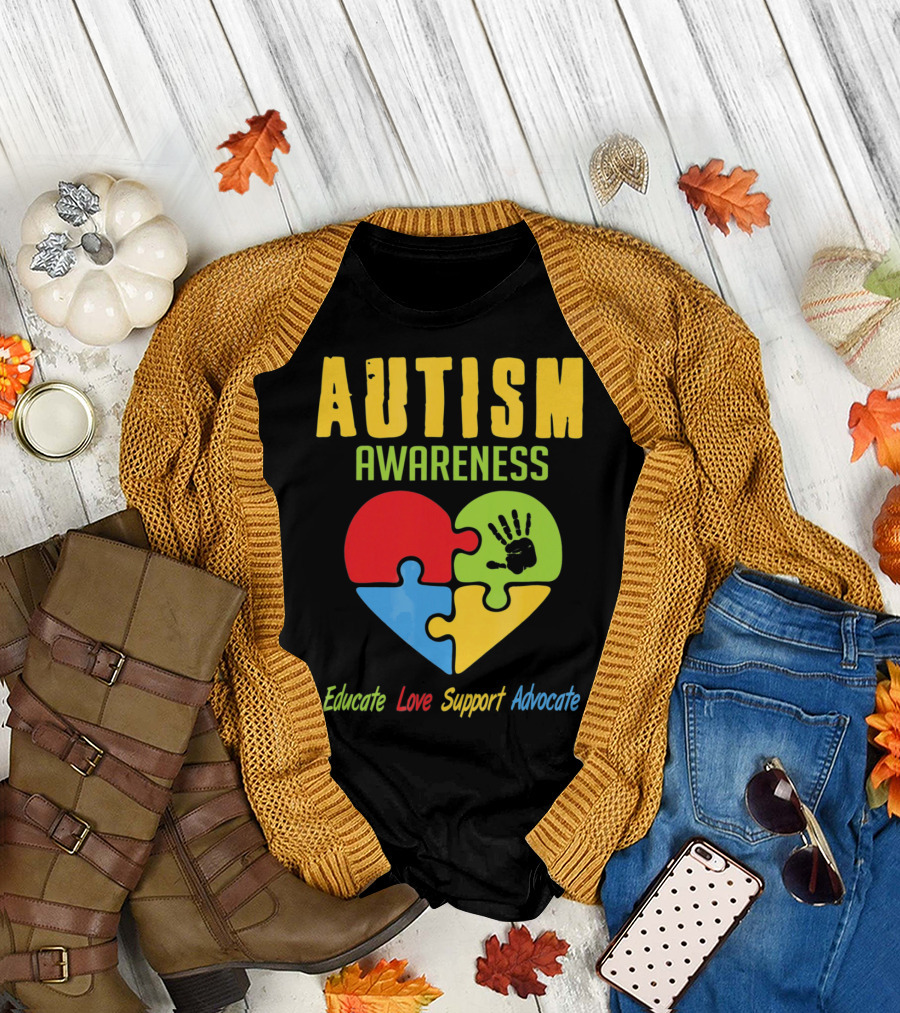Autism Awareness Advocate Educate Love Support Puzzle Heart Handprint T-Shirt