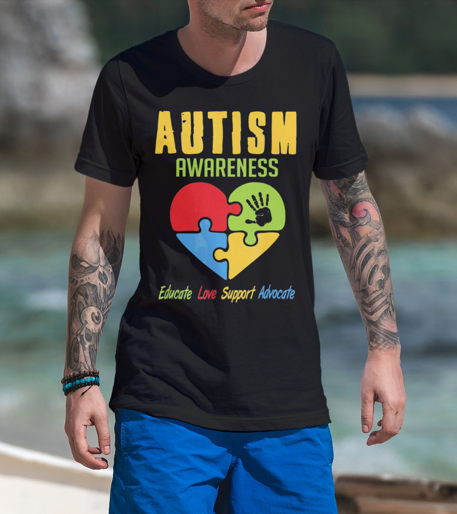 Autism Awareness Advocate Educate Love Support Puzzle Heart Handprint T-Shirt