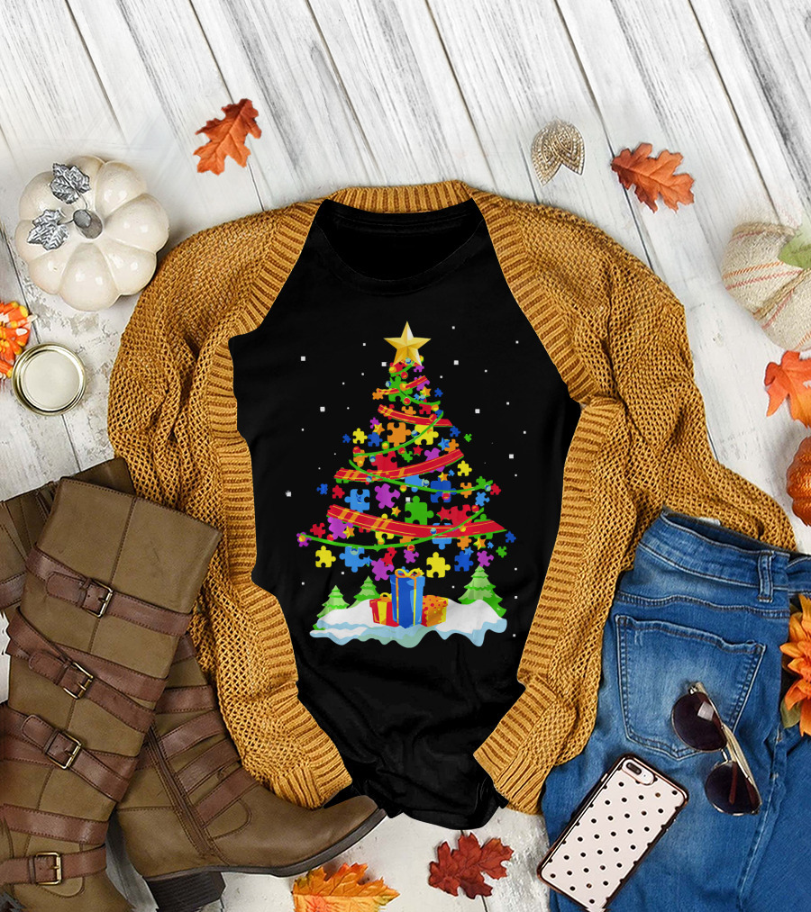 Autism Awareness Christmas Tree Puzzle Pieces Holiday Celebrations T-Shirt