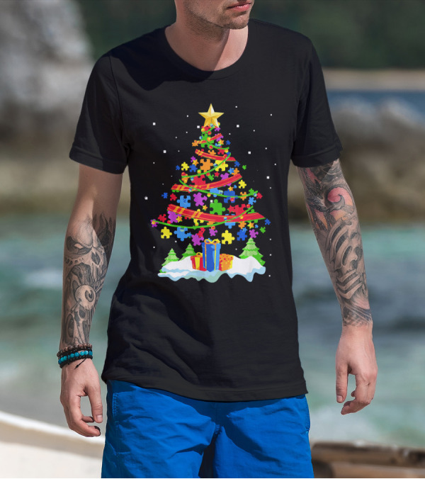 Autism Awareness Christmas Tree Puzzle Pieces Holiday Celebrations T-Shirt