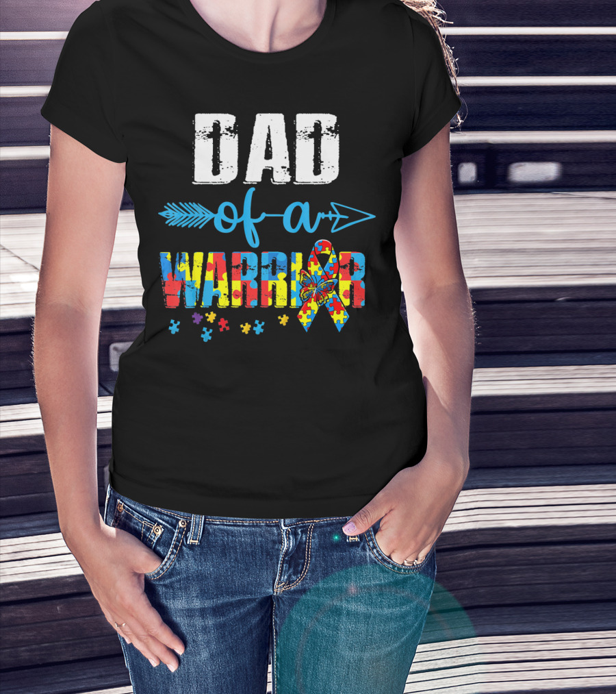 Dad Of A Warrior Autism Awareness Ribbon Arrow Puzzle T-Shirt