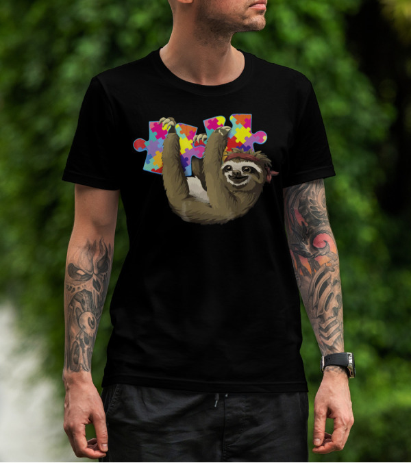 Sassy Sloth Holding Colorful Autism Awareness Puzzle Pieces T-Shirt