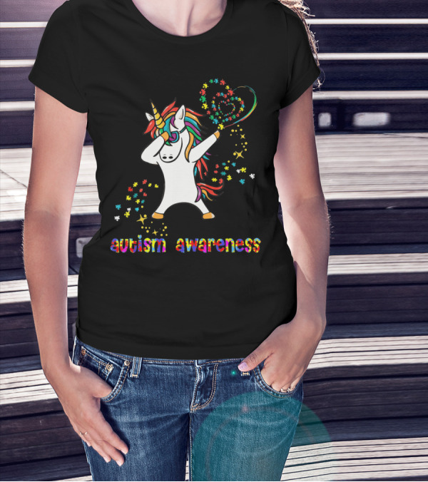 Autism Awareness Dabbing Unicorn Rainbow Puzzle Heart T-Shirt