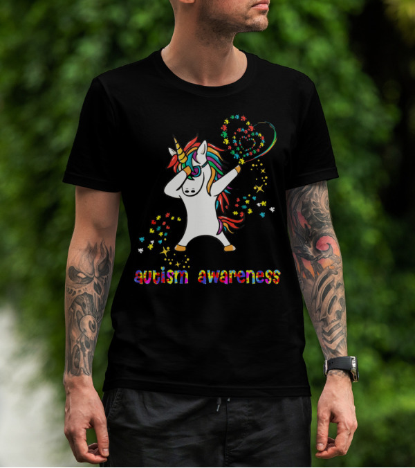 Autism Awareness Dabbing Unicorn Rainbow Puzzle Heart T-Shirt