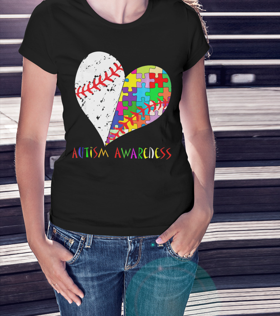 Swing For A Cause Baseball Heart Autism Awareness Puzzle Pieces T-Shirt