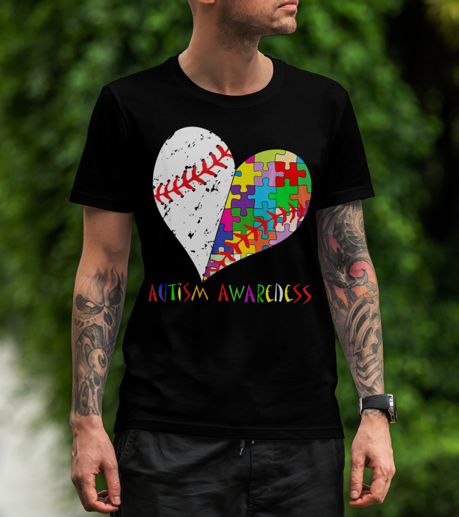 Swing For A Cause Baseball Heart Autism Awareness Puzzle Pieces T-Shirt