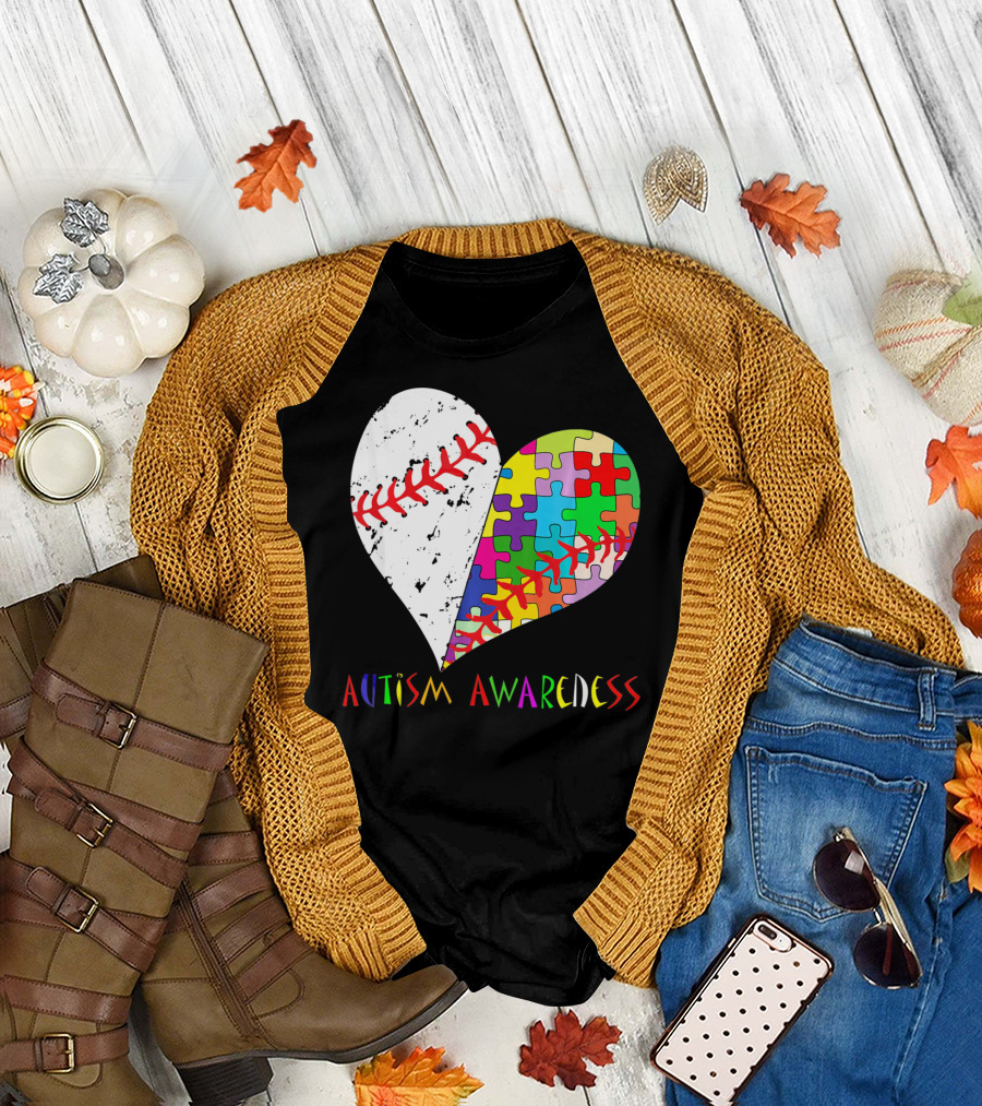 Swing for a Cause Baseball Heart Autism Awareness Puzzle Pieces T-Shirt