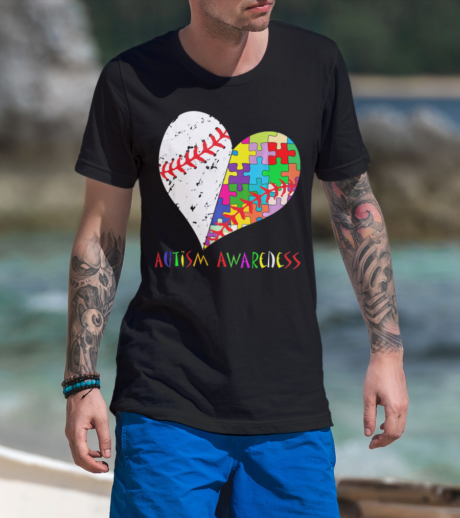 Swing For A Cause Baseball Heart Autism Awareness Puzzle Pieces T-Shirt