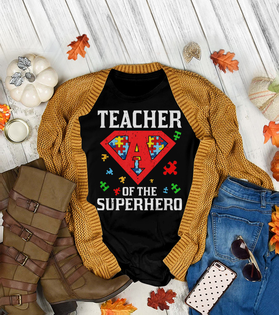 Teacher of the Superhero with Puzzle Pieces Autism Awareness T-Shirt