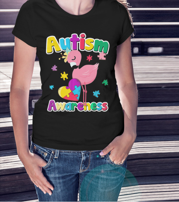 Autism Awareness Flamingo Heart Puzzle Pieces T-Shirt