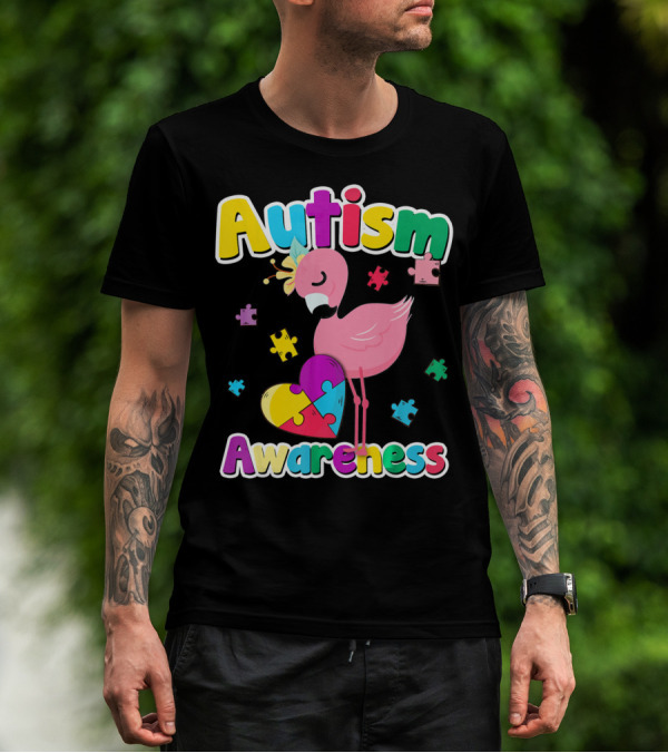 Autism Awareness Flamingo Heart Puzzle Pieces T-Shirt