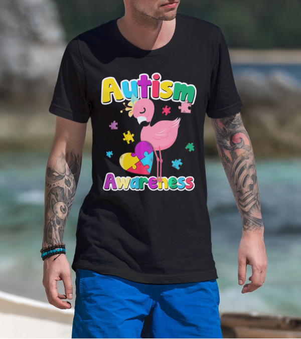 Autism Awareness Flamingo Heart Puzzle Pieces T-Shirt