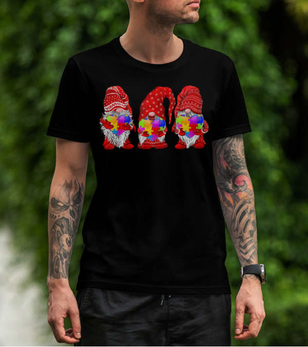 Autism Awareness Gnomies Red Hats Holding Colorful Puzzle Pieces T-Shirt