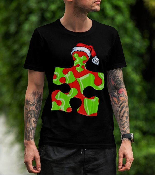 Puzzle Piece Santa Hat Red Green Autism Awareness T-Shirt
