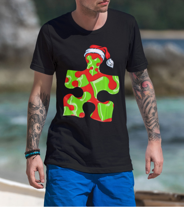 Puzzle Piece Santa Hat Red Green Autism Awareness T-Shirt
