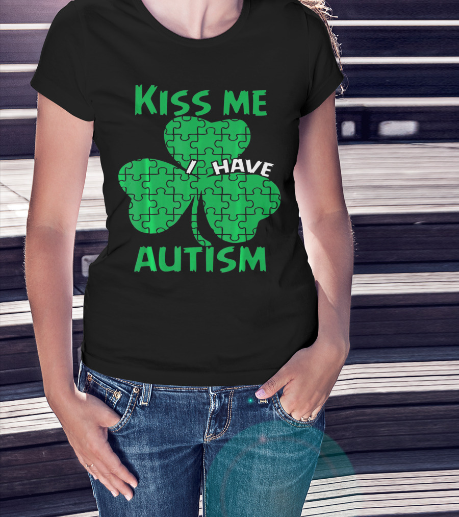 Kiss Me I Have Autism Awareness Shamrock Puzzle T-Shirt