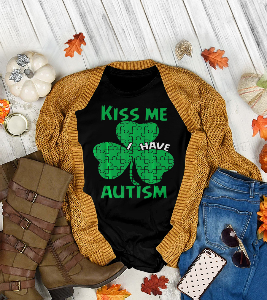 Kiss Me I Have Autism Awareness Shamrock Puzzle T-Shirt