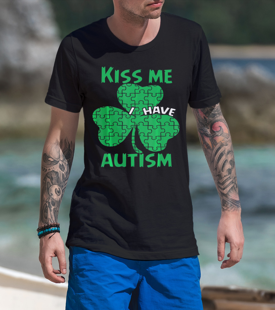 Kiss Me I Have Autism Awareness Shamrock Puzzle T-Shirt