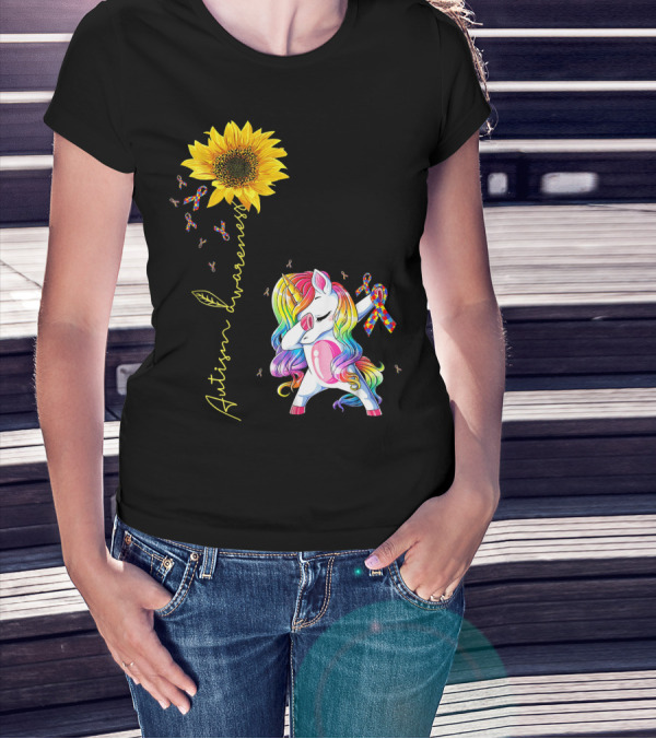 Autism Awareness Unicorn With Rainbow Ribbon Sunflower T-Shirt