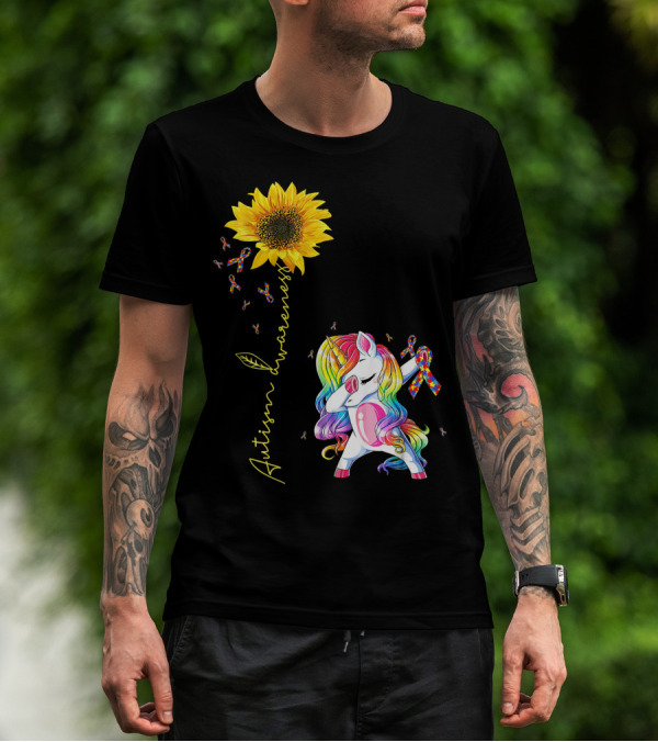 Autism Awareness Unicorn With Rainbow Ribbon Sunflower T-Shirt