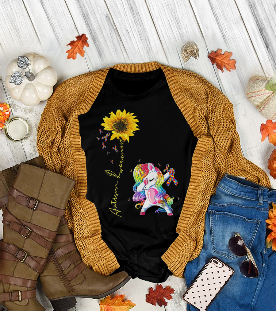 Autism Awareness Unicorn with Rainbow Ribbon Sunflower T-Shirt