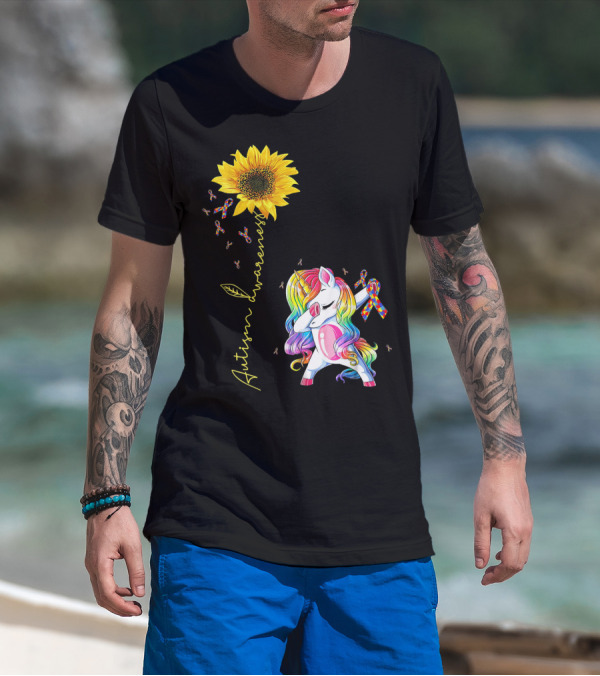 Autism Awareness Unicorn With Rainbow Ribbon Sunflower T-Shirt
