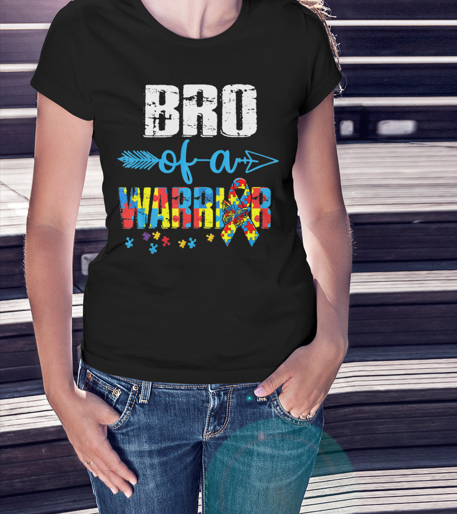Bro Of A Warrior Autism Awareness Puzzle Ribbon Butterfly Arrow T-Shirt