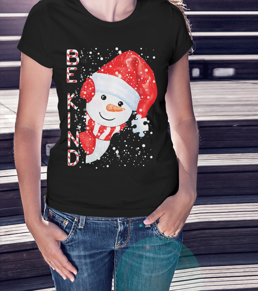 Be Kind Snowman Santa Hat Autism Puzzle Piece Holiday T-Shirt