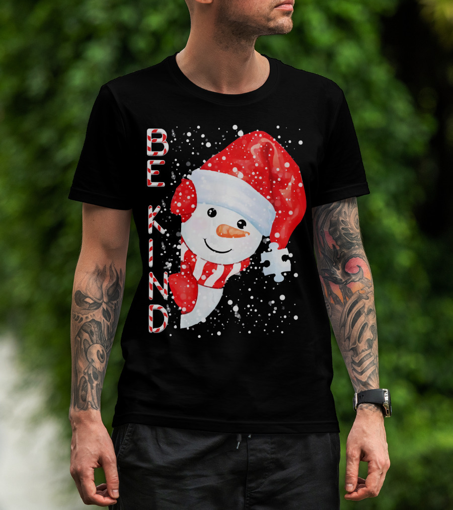 Be Kind Snowman Santa Hat Autism Puzzle Piece Holiday T-Shirt