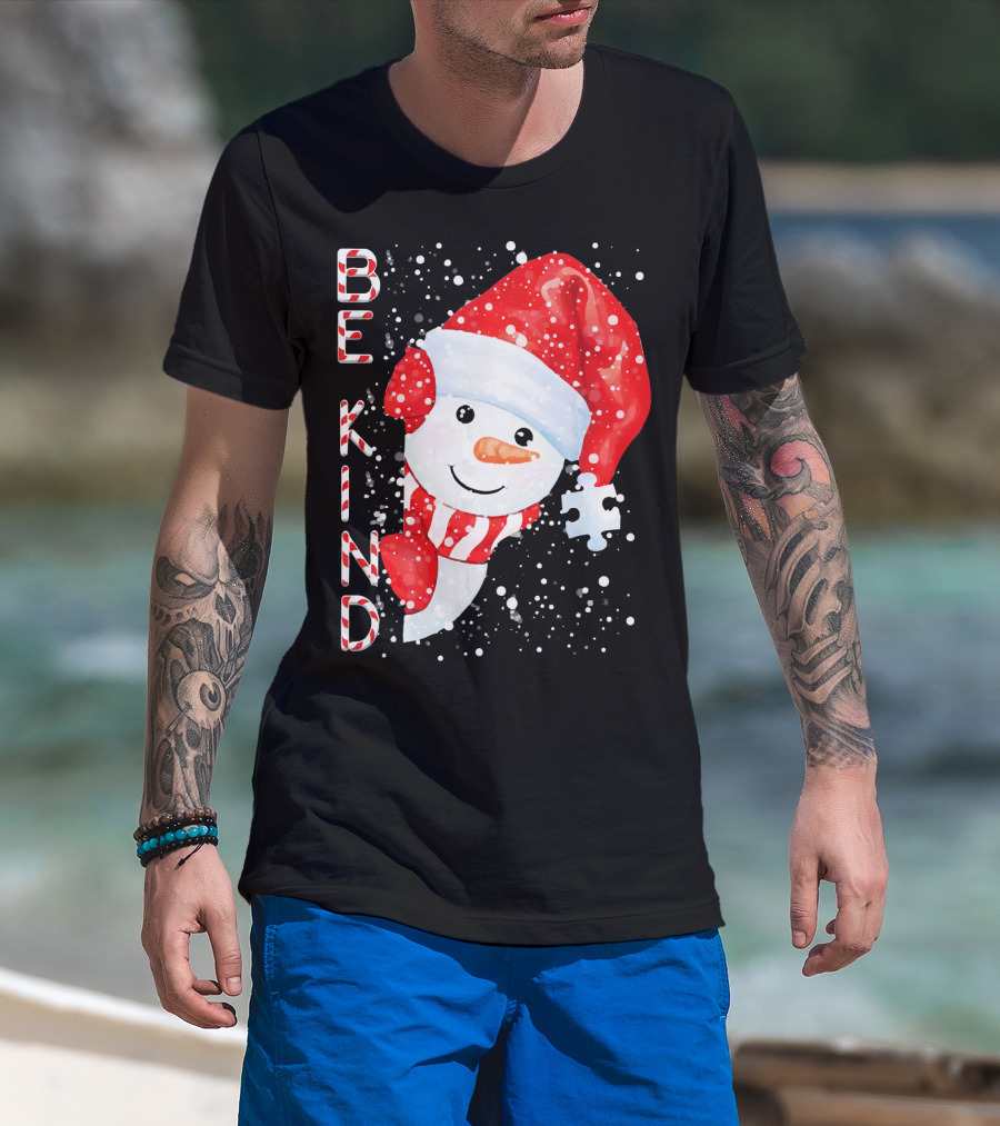 Be Kind Snowman Santa Hat Autism Puzzle Piece Holiday T-Shirt