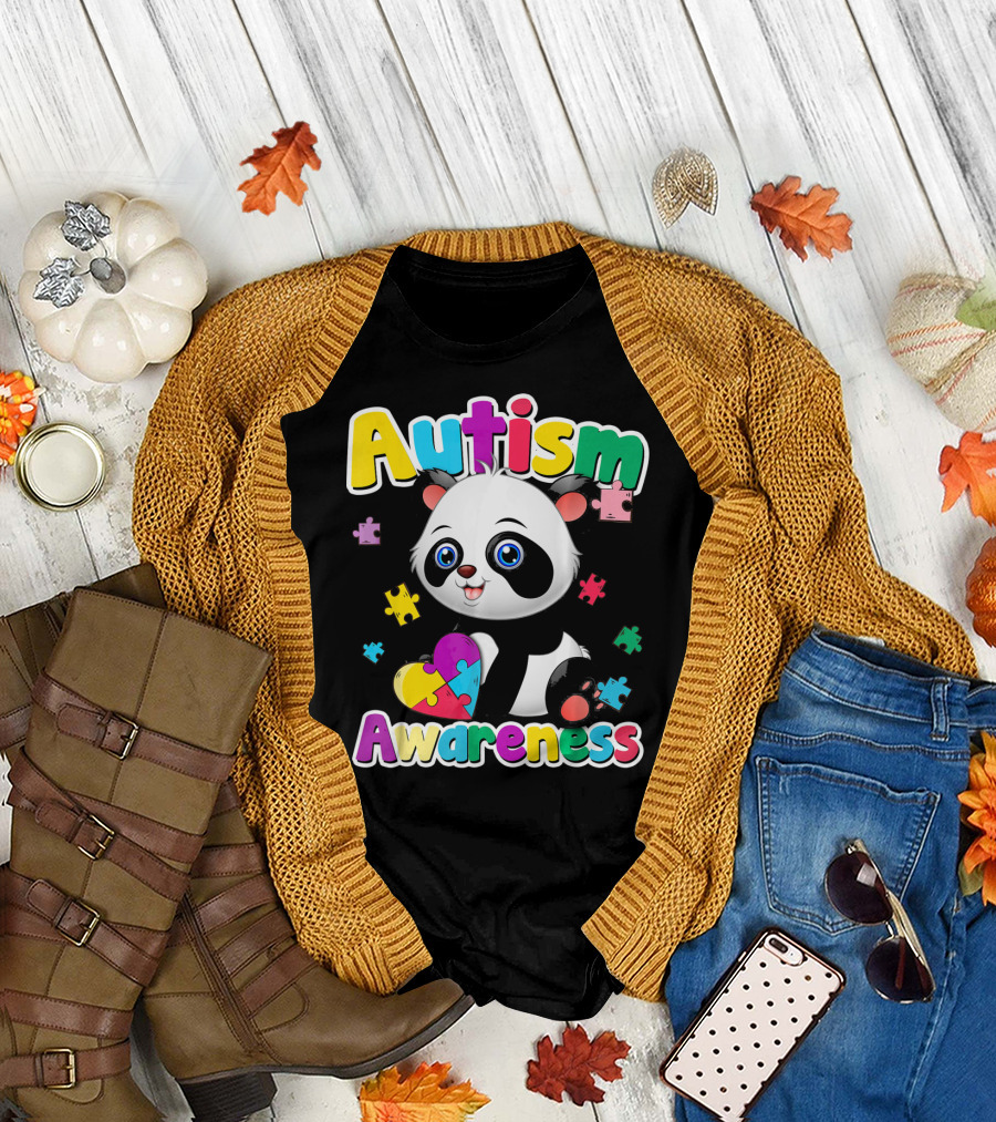 Autism Awareness Panda Heart Puzzle T-Shirt