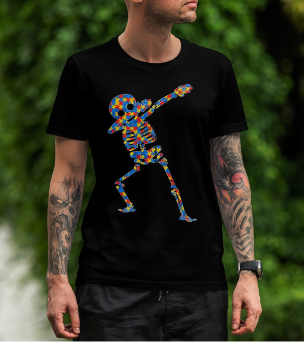 Halloween Autism Skeleton Dabbing Puzzle Pattern Awareness T-Shirt