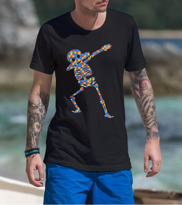Halloween Autism Skeleton Dabbing Puzzle Pattern Awareness T-Shirt