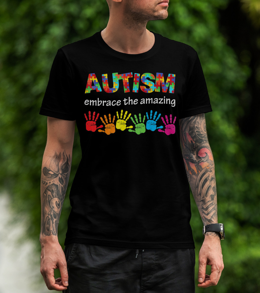 AUTISM Embrace The Amazing Rainbow Handprints Puzzle T-Shirt