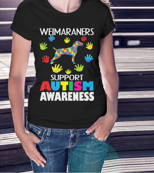 Weimaraners Support Autism Awareness Puzzle Piece Dog With Colorful Hands T-Shirt