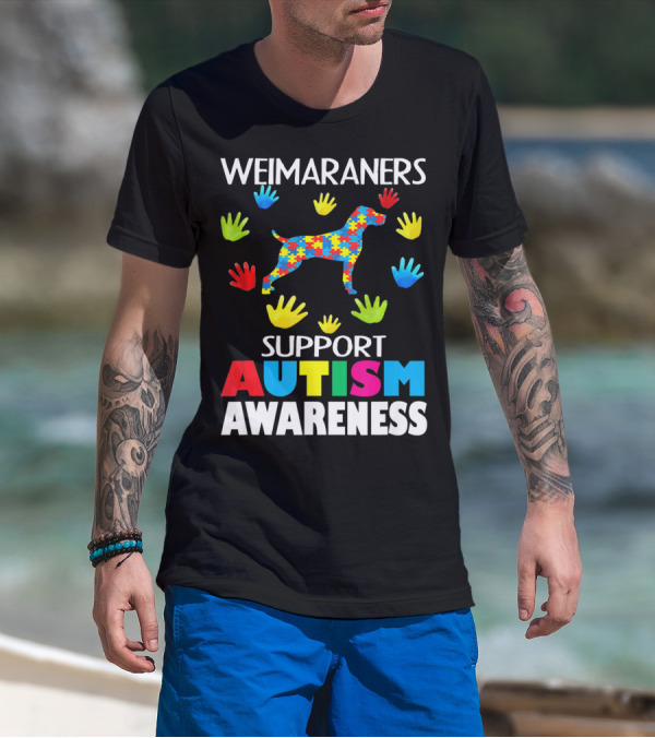 Weimaraners Support Autism Awareness Puzzle Piece Dog With Colorful Hands T-Shirt
