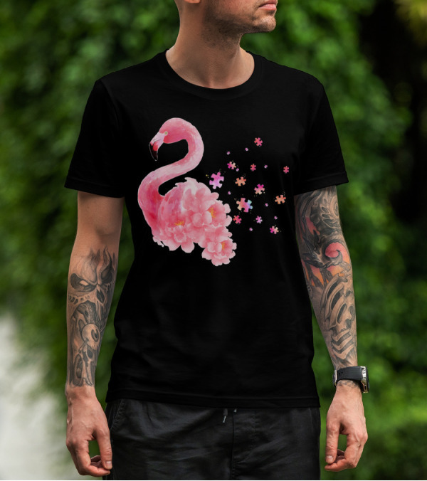 Flamingo Puzzle Autism Awareness Floral Elements T-Shirt