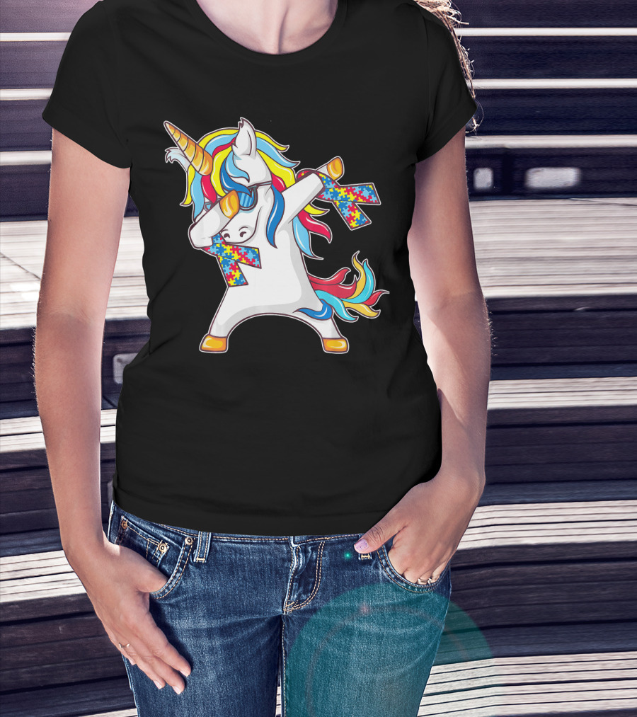 Autism Awareness Unicorn With Colorful Puzzle Dabbing Pose T-Shirt