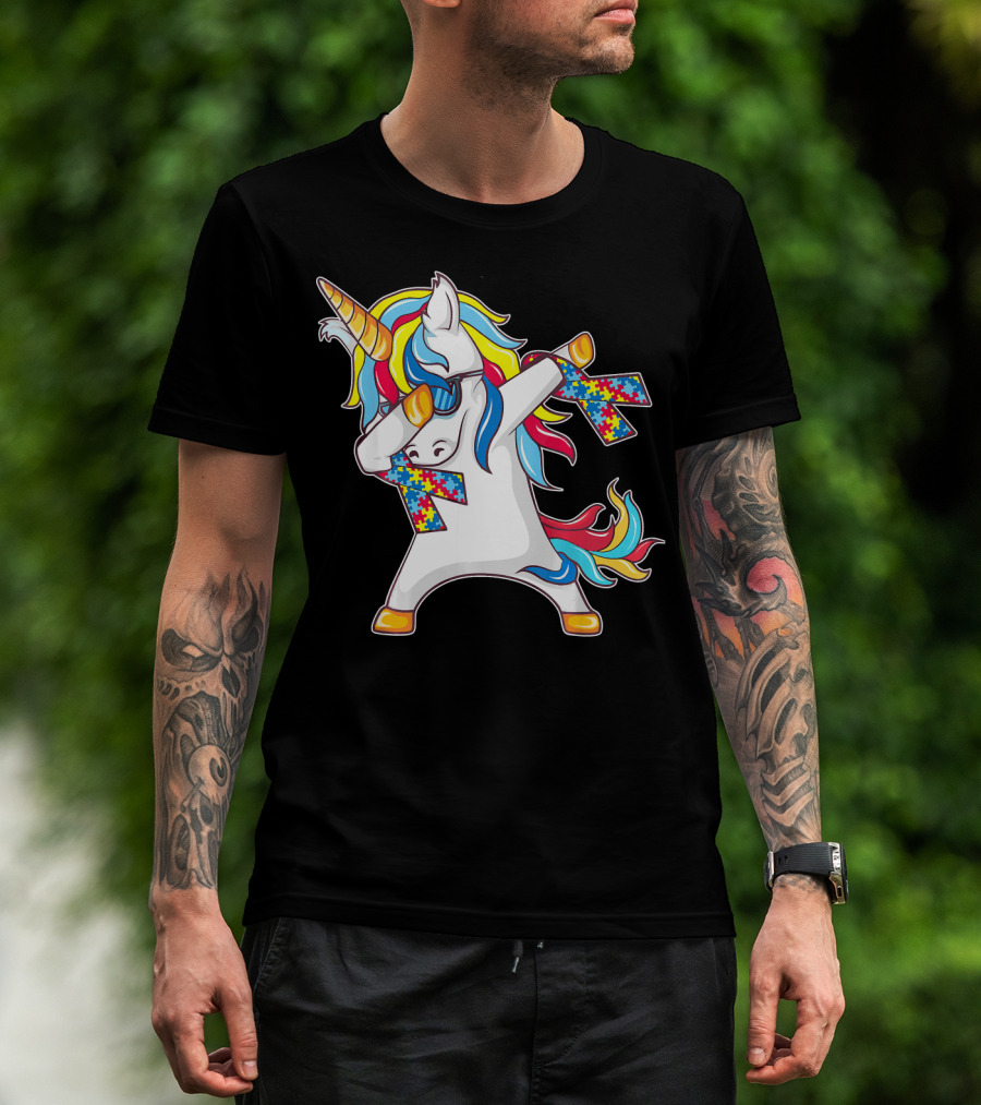 Autism Awareness Unicorn With Colorful Puzzle Dabbing Pose T-Shirt