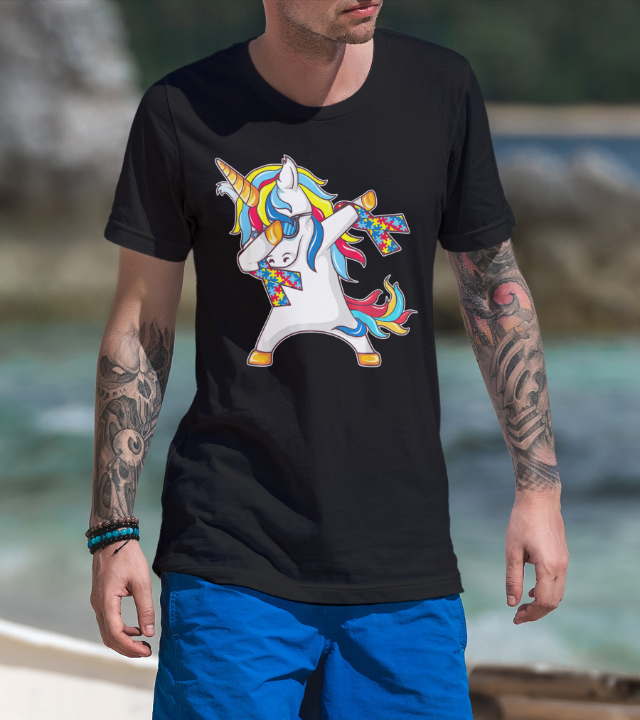 Autism Awareness Unicorn With Colorful Puzzle Dabbing Pose T-Shirt
