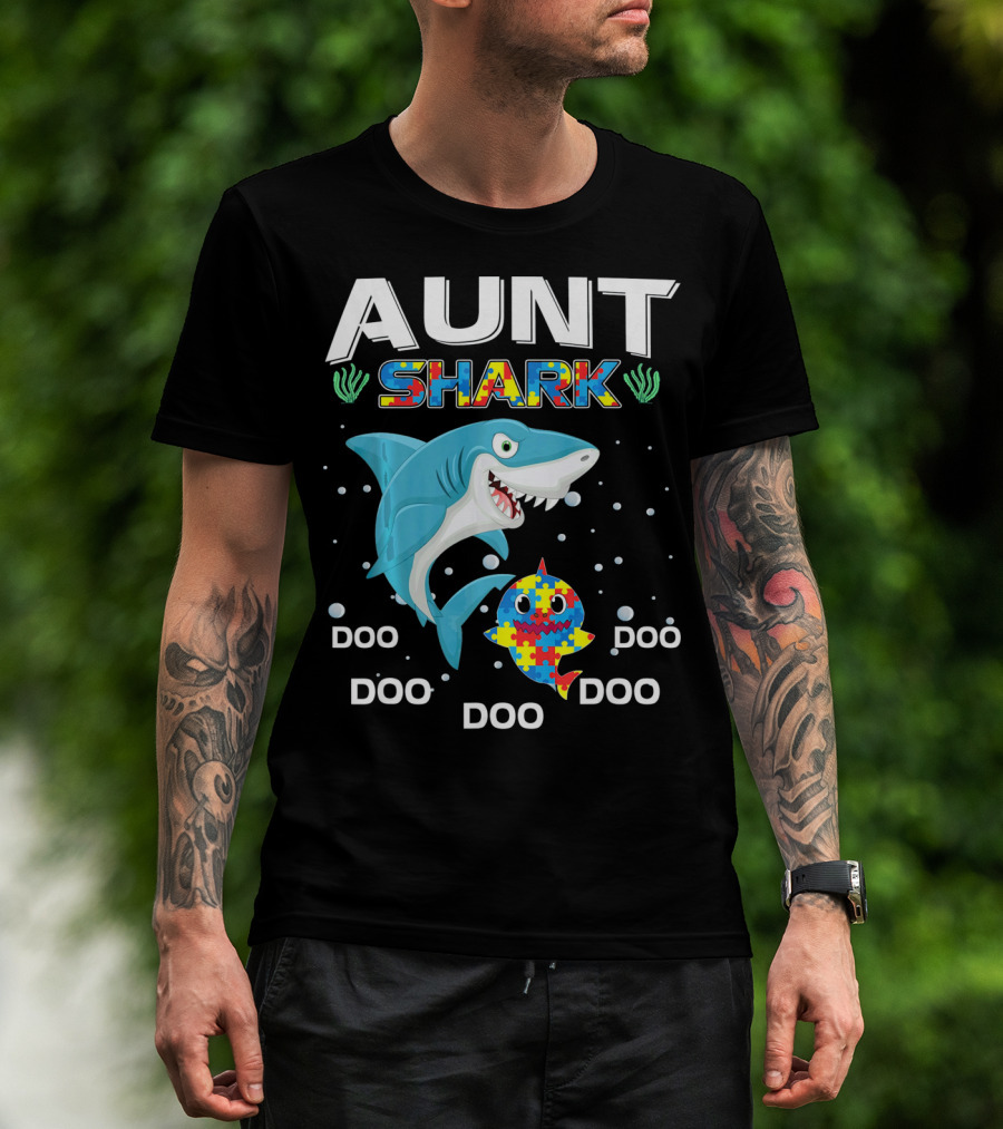 Aunt Shark Doo Doo Autism Awareness Puzzle Piece T-Shirt