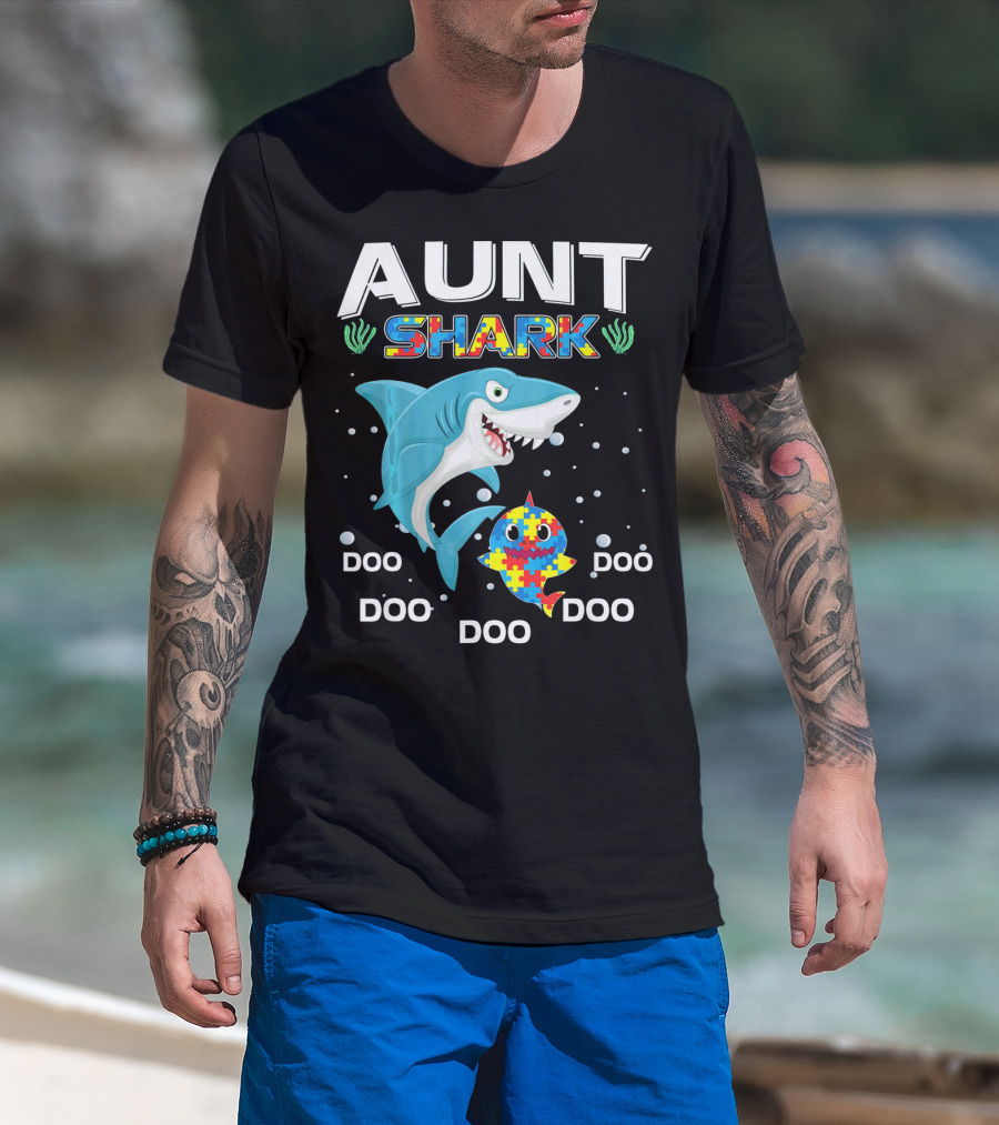 Aunt Shark Doo Doo Autism Awareness Puzzle Piece T-Shirt