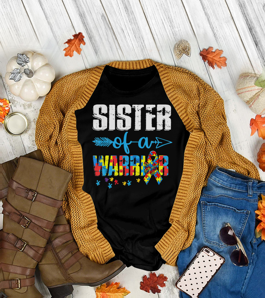 Sister Of A Warrior Puzzle Ribbon Autism Awareness T-Shirt
