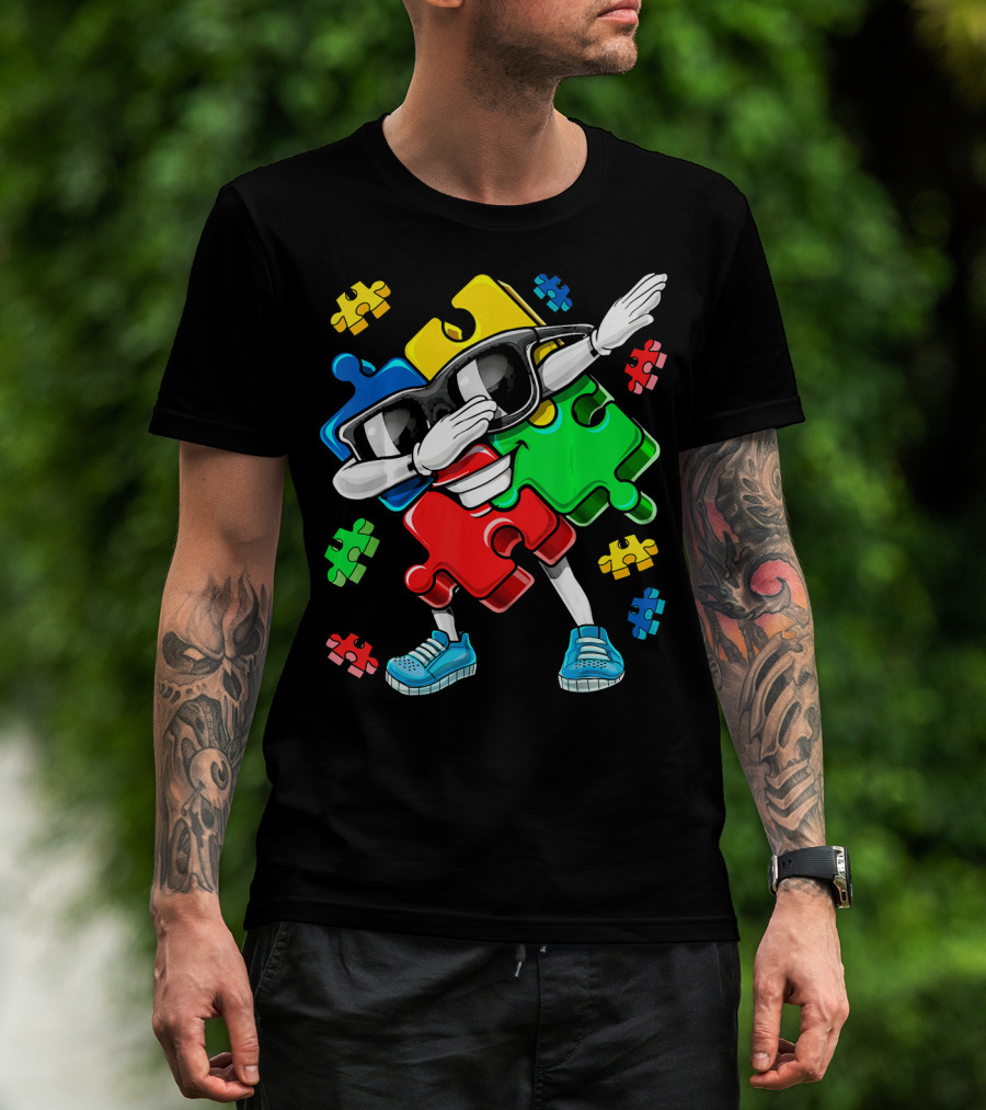 Autism Awareness Cool Dabbing Puzzle Piece Character T-Shirt