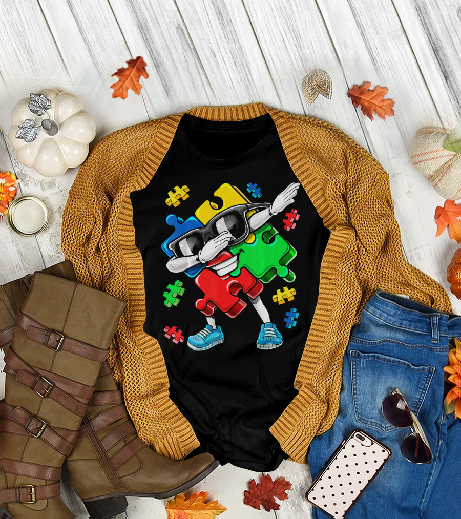 Autism Awareness Cool Dabbing Puzzle Piece Character T-Shirt