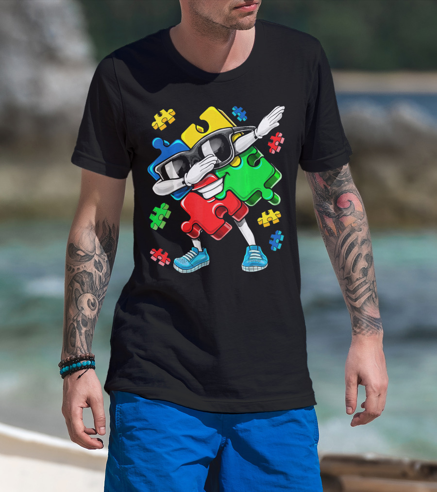 Autism Awareness Cool Dabbing Puzzle Piece Character T-Shirt
