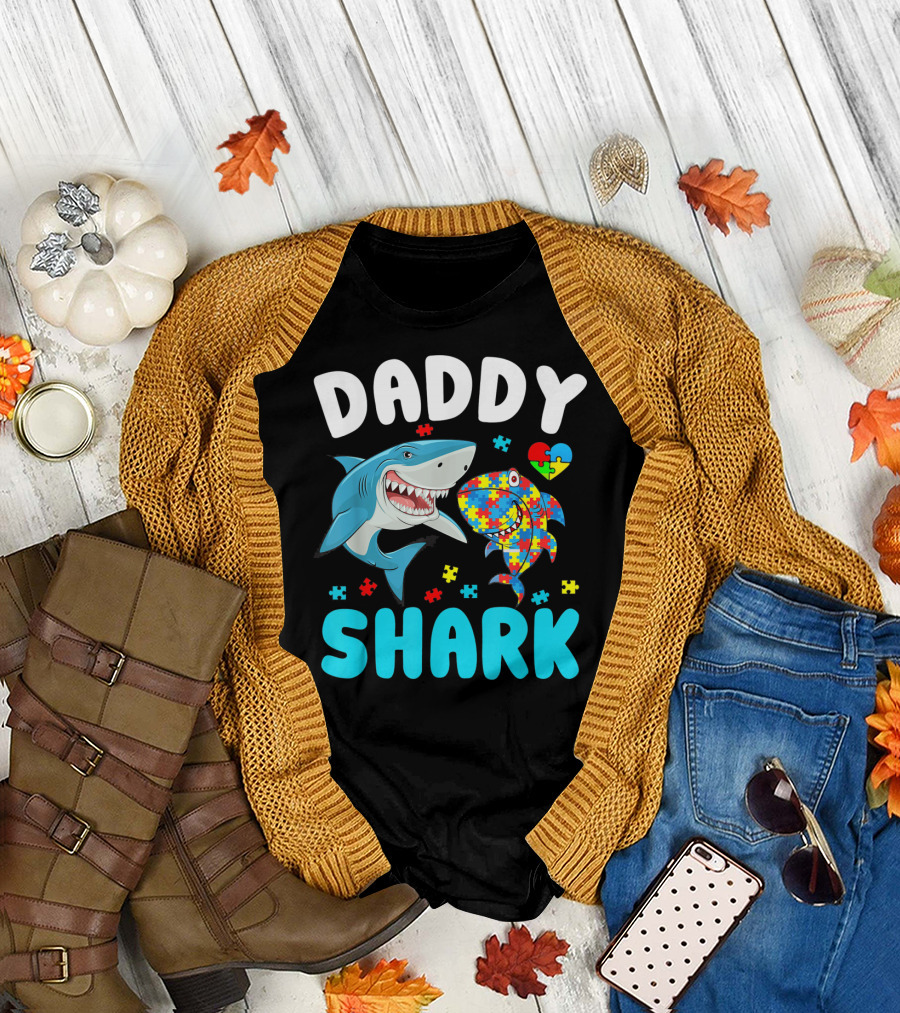 Daddy Shark Autism Awareness Puzzle Heart T-Shirt