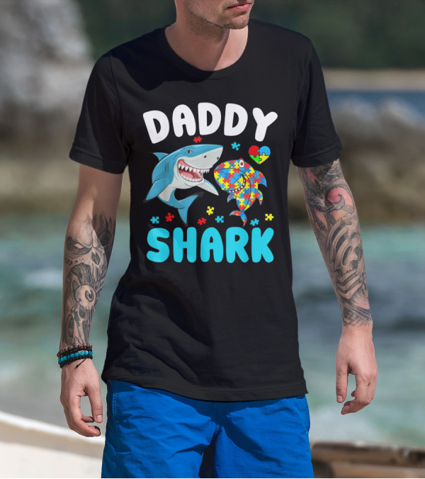 Daddy Shark Autism Awareness Puzzle Heart T-Shirt